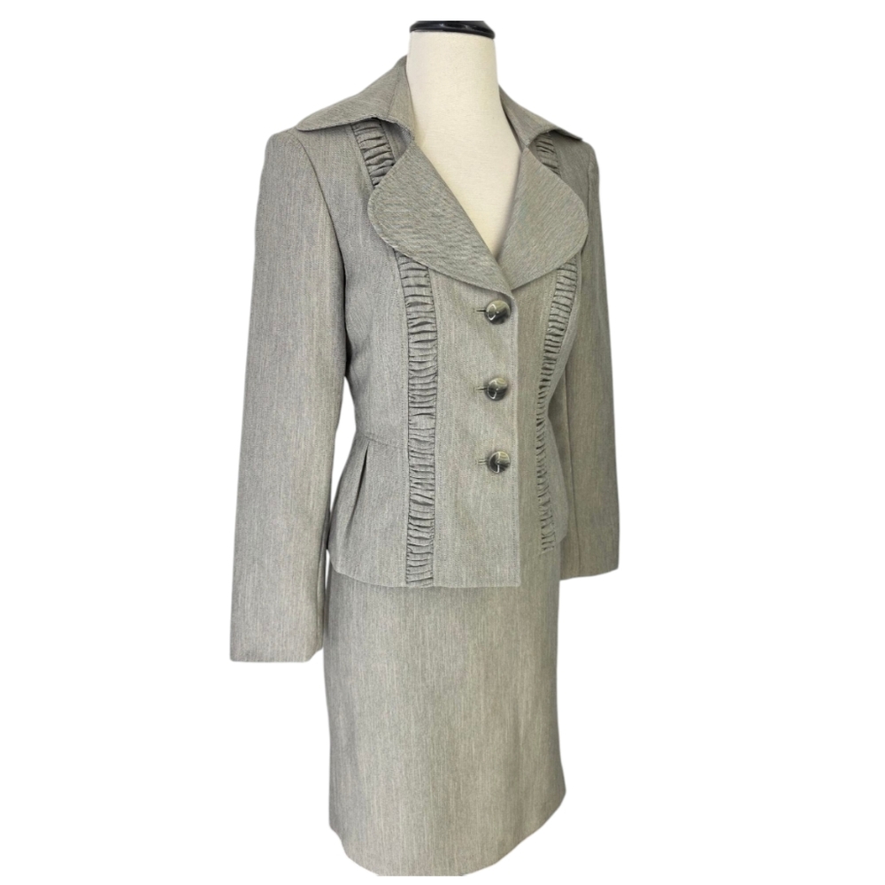 LeSuit Three Button Jacket & Skirt Suit Set Neutral Tan Beige Gray Weave Sz 6 - Picture 5 of 16